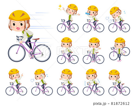 ロードバイクに乗ったカジュアルファッション女性のセットのイラスト素材