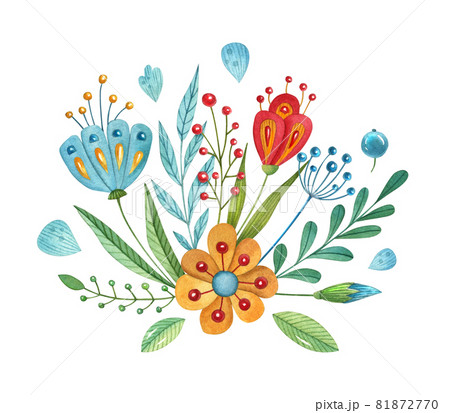 Watercolor hand-painted floral composition. Bright floral background with cartoon flowers, leaves and berries. 81872770