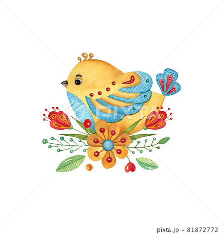 Watercolor hand-painted illustration with bird and flower decor. Cute design for textile, scrapbooking, nursery, kids wrapping, poster, and print. 81872772