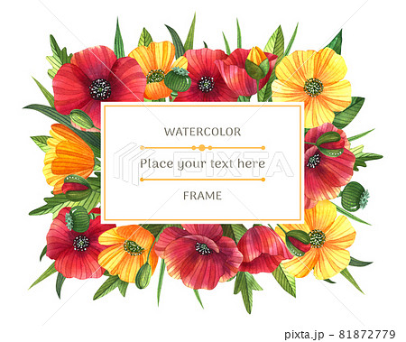Bright watercolor frame with wildflowers on the white background. Poppies and buttercups with buds and leaves. Ideal for greeting card, invitation, banner, posters with space for the text. Bright watercolor frame with wildflowers on the white background. Poppies and buttercups with buds and leaves. Ideal for greeting card, invitation, banner, posters with space for the text. 81872779