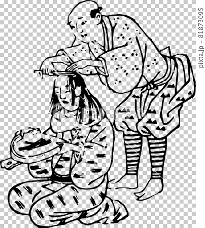 髷を整える武士 81873095