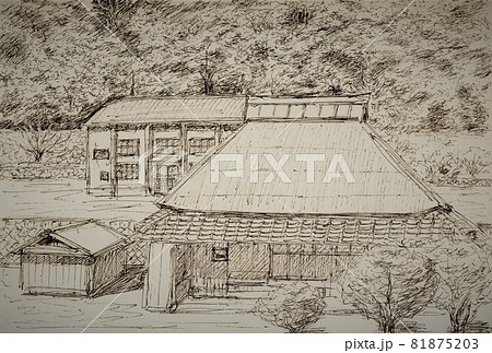 古民家と廃校のある風景のイラスト素材