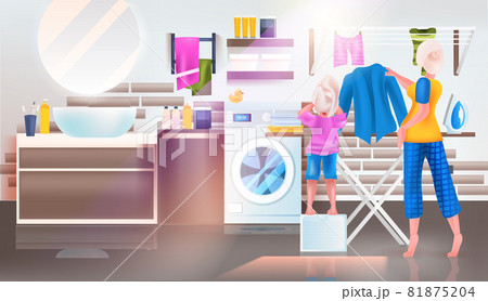 mother with daughter ironing clothes in bathroom full length horizontal mother with daughter ironing clothes in bathroom full length horizontal 81875204