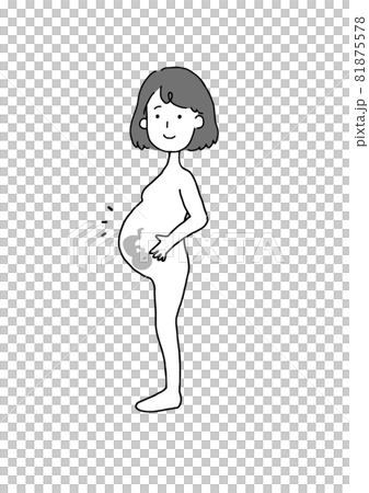 笑顔の裸の妊婦と胎児のイメージイラスト白黒 81875578