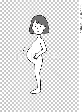 笑顔の裸の妊婦イメージイラスト白黒 81875580