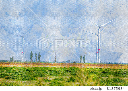 A wind farm in the field. Tall white three-bladed wind generators against a clear sky. Industrial landscape. Digital watercolor painting. A wind farm in the field. Tall white three-bladed wind generators against a clear sky. Industrial landscape. Digital watercolor painting. 81875984