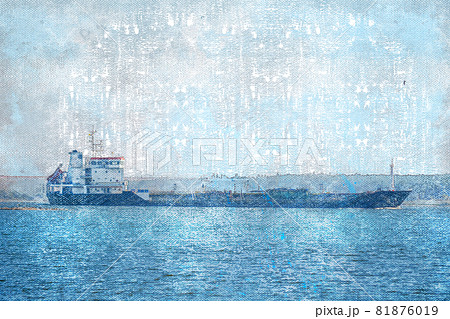 Tanker Sailing On The River Against The Sky A のイラスト素材