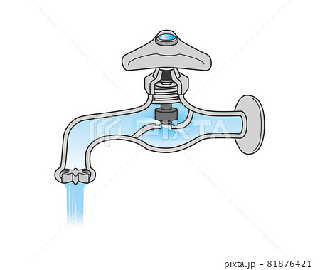 節水コマ 蛇口 断面 断面図 イラスト ケレップ コマ スピンドル パッキン 単水栓 横向き 水流 81876421