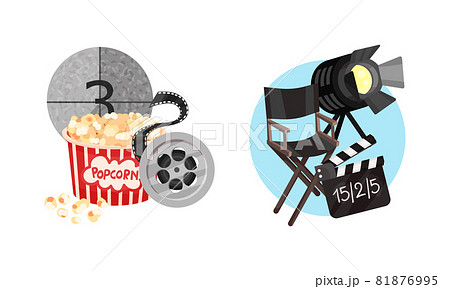 Cinema Elements with Popcorn Basket and Director Chair Vector Composition Set Cinema Elements with Popcorn Basket and Director Chair Vector Composition Set 81876995