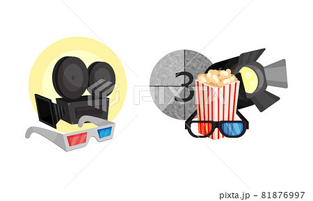 Cinema Elements with Popcorn Basket and 3D Glasses Vector Composition Set Cinema Elements with Popcorn Basket and 3D Glasses Vector Composition Set 81876997