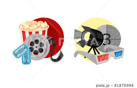 Cinema Elements with Popcorn Basket and 3D Glasses Vector Composition Set Cinema Elements with Popcorn Basket and 3D Glasses Vector Composition Set 81876998