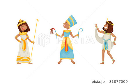 Egyptian God and Deities Wearing Antique Clothing and Holding Rod Vector Set 81877009