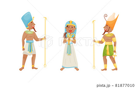 Egyptian God and Deities Wearing Antique Clothing and Holding Rod Vector Set 81877010