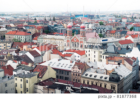 View of Pilsen, Czech Republic with the Great Synagogue. 81877368