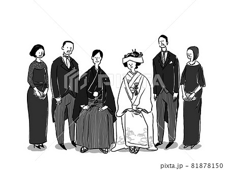 新郎新婦と親族、両親（花嫁：角隠し　女性：洋装）和装、ウエディング、結婚、和装ウエディング 81878150