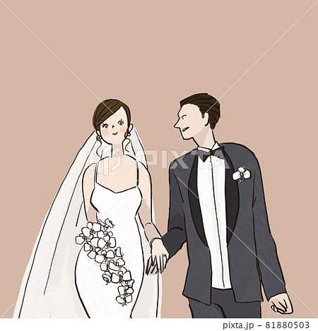 コチョウラン 胡蝶蘭のブーケを持った花嫁 新郎新婦 ウエディング 結婚式 背景桃 のイラスト素材