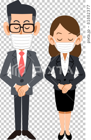 マスクをつけてお辞儀するビジネスマンとビジネスウーマンのイラスト素材 8177