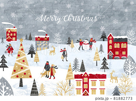 雪が降るクリスマスの街並みと人々のベクターイラスト背景 Christmas X Mas のイラスト素材