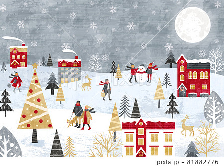 雪が降るクリスマスの街並みと人々のベクターイラスト背景 Christmas X Mas のイラスト素材