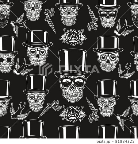 Seamless pattern with mexican sugar skulls, tattoo machines and roses. Design element for poster, card, banner, clothes decoration. Vector illustration 81884325