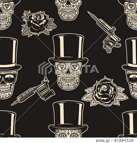 Seamless pattern with mexican sugar skulls, tattoo machines and roses. Design element for poster, card, banner, clothes decoration. Vector illustration Seamless pattern with mexican sugar skulls, tattoo machines and roses. Design element for poster, card, banner, clothes decoration. Vector illustration 81884326