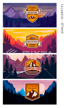 Set of banner templates with mountains. Design elements for poster, card, flyer, emblem. Vector illustration Set of banner templates with mountains. Design elements for poster, card, flyer, emblem. Vector illustration 81884741