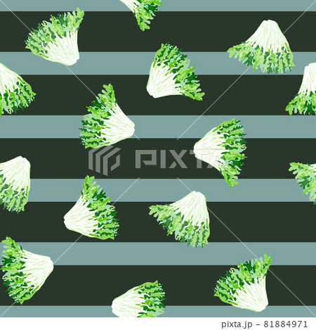 Seamless pattern frisee salad on gray striped background. Simple ornament with lettuce. 81884971