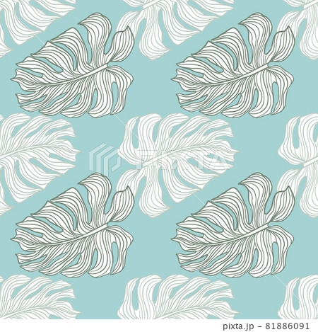 Tropical seamless pattern with contoured mostera leaves print. Blue background. Exotic style. 81886091