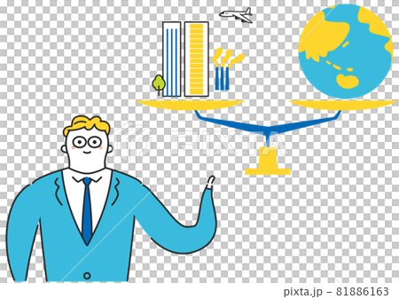 経済と地球を天秤にのせて図っているビジネスパーソン イラスト素材 経済と地球を天秤にのせて図っているビジネスパーソン イラスト素材 81886163