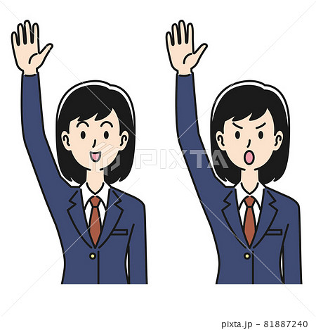 手を挙げる女子高生の表情のパターンのイラスト素材