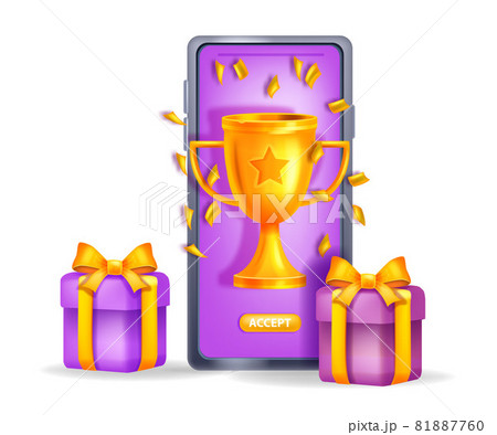 Online reward gift vector concept, loyalty program bonus prize, golden winner cup, smartphone screen Online reward gift vector concept, loyalty program bonus prize, golden winner cup, smartphone screen 81887760
