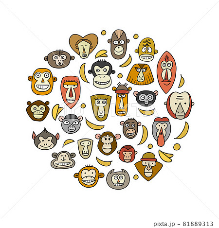 Funny monkey, big family. Sketch for your... - Stock Illustration  [81889305] - PIXTA