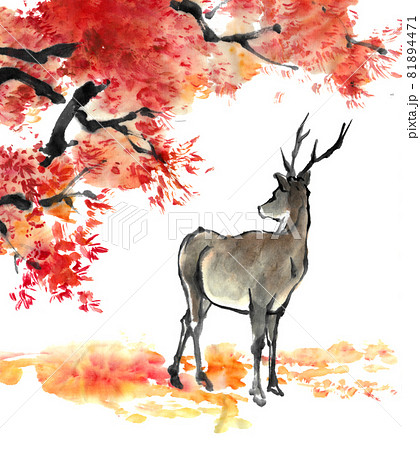 水墨画技法で描かれた紅葉と後ろ向きの鹿 81894471