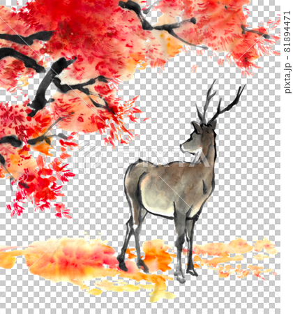 水墨画技法で描かれた紅葉と後ろ向きの鹿 81894471