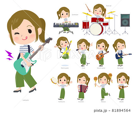 ロックンロールやポップミュージックを演奏するカジュアルファッション女性のセットのイラスト素材