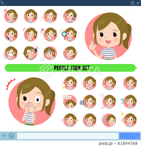 アイコン形式で様々な感情表現をするカジュアルファッション女性のセット 81894568