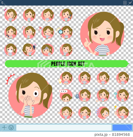 アイコン形式で様々な感情表現をするカジュアルファッション女性のセット 81894568
