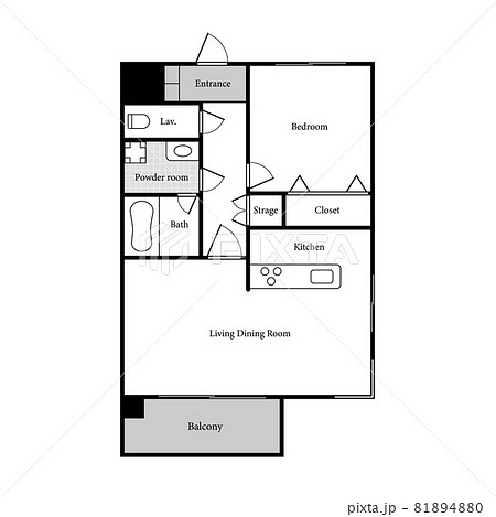 1ldkタイプの部屋の間取り図 サンプル のイラスト素材 8140