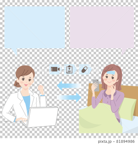 A doctor who examines a young woman who receives online medical treatment on a smartphone 81894986