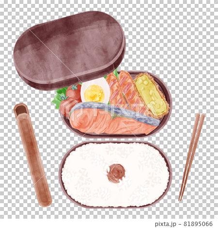 日本のシャケ弁当の手描き水彩風イラスト 日本のシャケ弁当の手描き水彩風イラスト 81895066