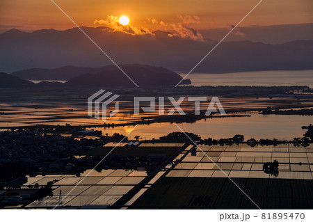 猪子山公園展望台からの夕焼けに染まる水田と夜景 81895470