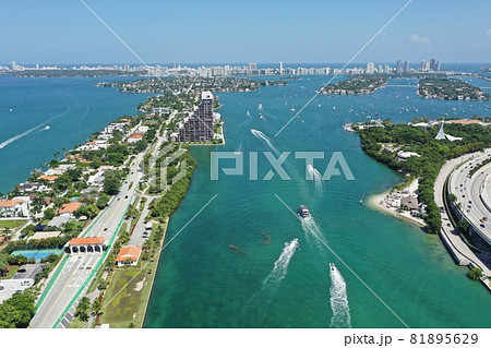 Aerial view of Venetian Causeway and Miami Beach, Florida. 81895629