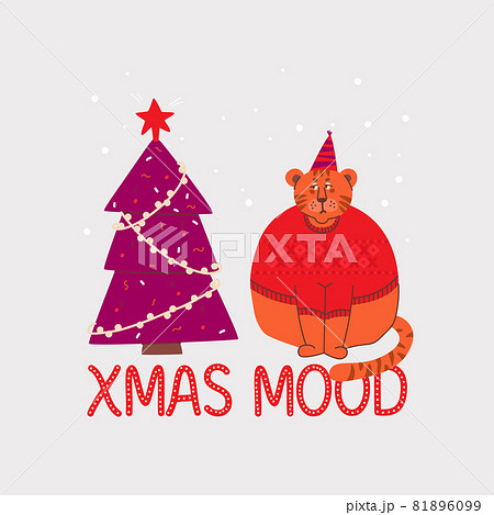 Sad and grumpy tiger in a sweater looks at Christmas tree. Lettering Christmas mood. 81896099