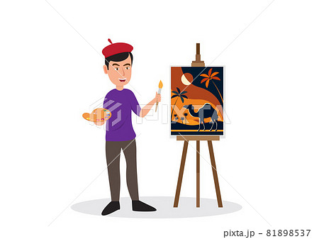 Male painter paints on canvas The artist is working on a painting. man drawing desert and camel vector illustration flat style characters 81898537