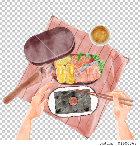 午餐吃手工製作的紫菜便當的手寫水彩風格插圖 81900565