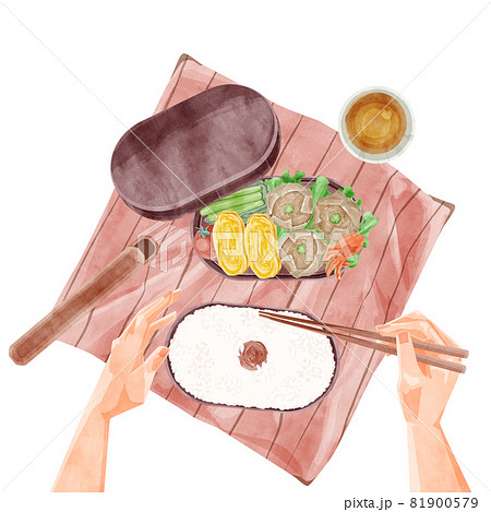 昼食に焼売手作り弁当を食べる手書き水彩風イラスト 81900579
