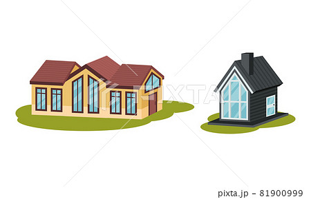 Private House and Cottage as Cosy Dwelling Rested on Green Lawn Vector Set 81900999