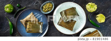 Tamales oaxaquenos panorama, traditional dish of the cuisine of Mexico Tamales oaxaquenos panorama, traditional dish of the cuisine of Mexico 81901486