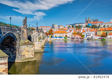 Prague Czech Republic, city skyline at Charles Bridge and Prague Castle, Czechia with autumn foliage season 81902478
