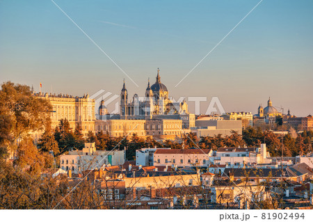 Madrid Spain, sunset city skyline at Cathedral de la Almudena with autumn foliage season 81902494
